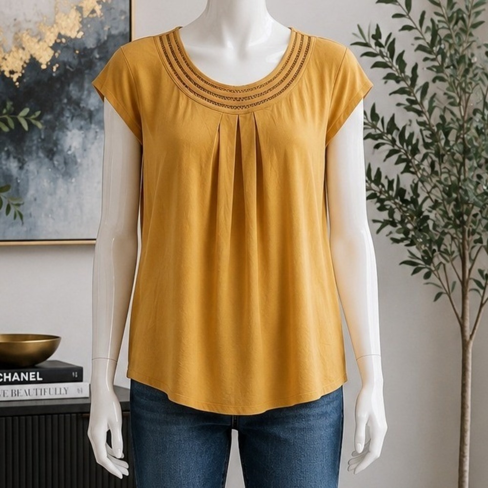 Daniel Rainn Womens Blouse Mustard Yellow Crochet Lattice Trim XL